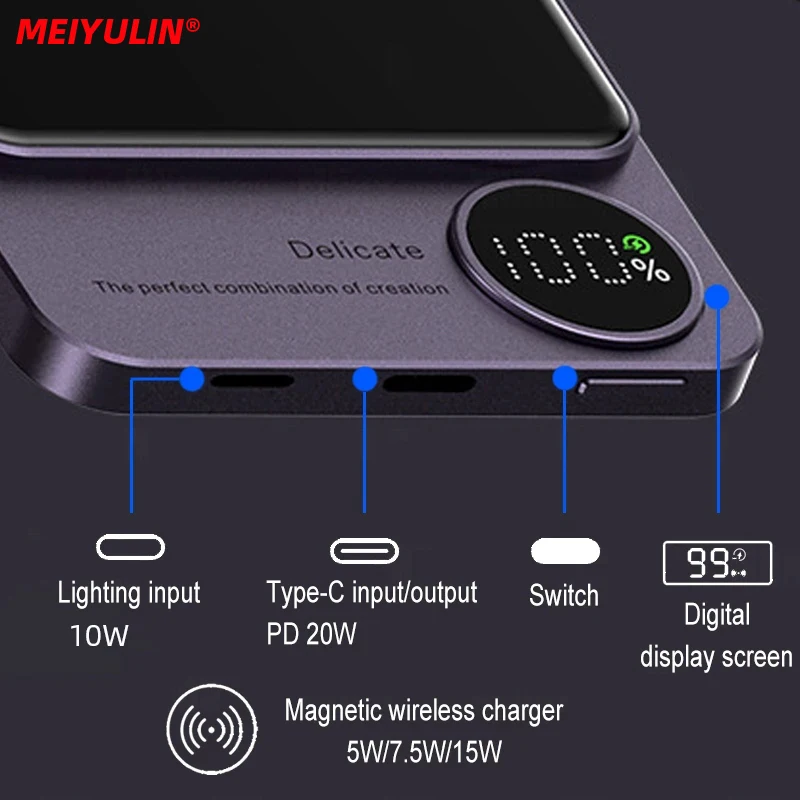 10000 ма Прозрачен Магнитен безжичен захранване 5000 ма Преносим PD20W Бързо зареждане и външна батерия за iPhone 14 13 Samsung . ' - ' . 1