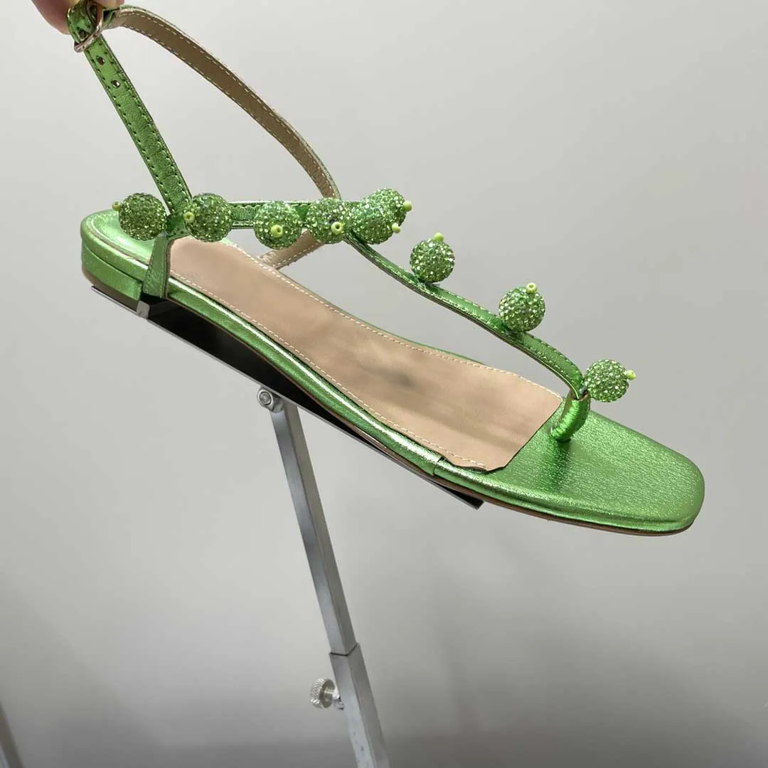2023 Летни сандали, Модни дамски обувки с кръгло бомбе, Ежедневни Обувки от естествена кожа с декорация във формата на кристали, Дамски Sapato Feminino, Размер 35-41 . ' - ' . 2