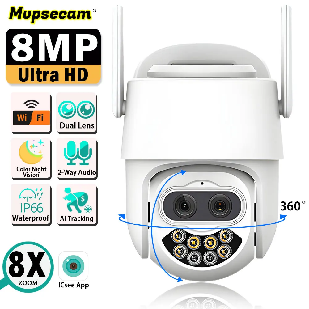 8-Кратно Увеличение с двойна леща 4K 8MP WIFI Камера за сигурност Smart Remote Access PTZ Цветна Камера за нощно виждане Външна 360 ° Камера за видеонаблюдение . ' - ' . 0