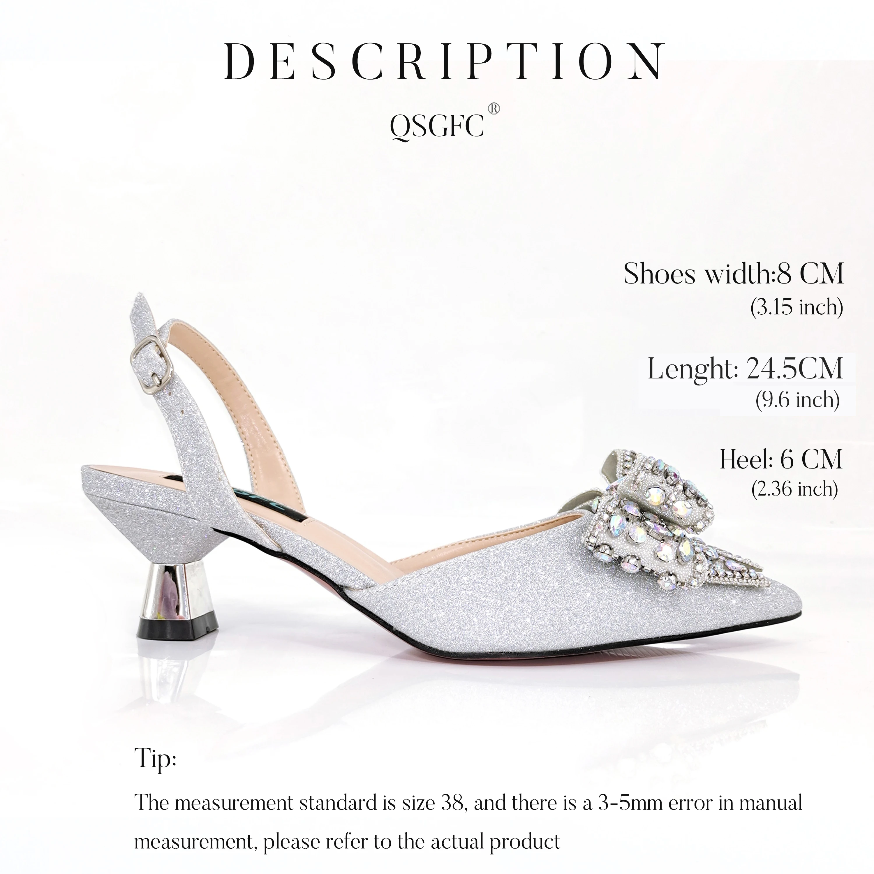 QSGFC 2023 Нигерийски дамски сребристи обувки на среден ток с матирано хрусталем и блестящи кристали За Партита в италиански стил, Остроносые обувки и комплект чанти . ' - ' . 2