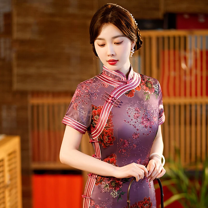 Yourqipao Лятото Лилава Ципао с модерен принтом в ретро стил Вечерна рокля в китайски стил за жени . ' - ' . 0