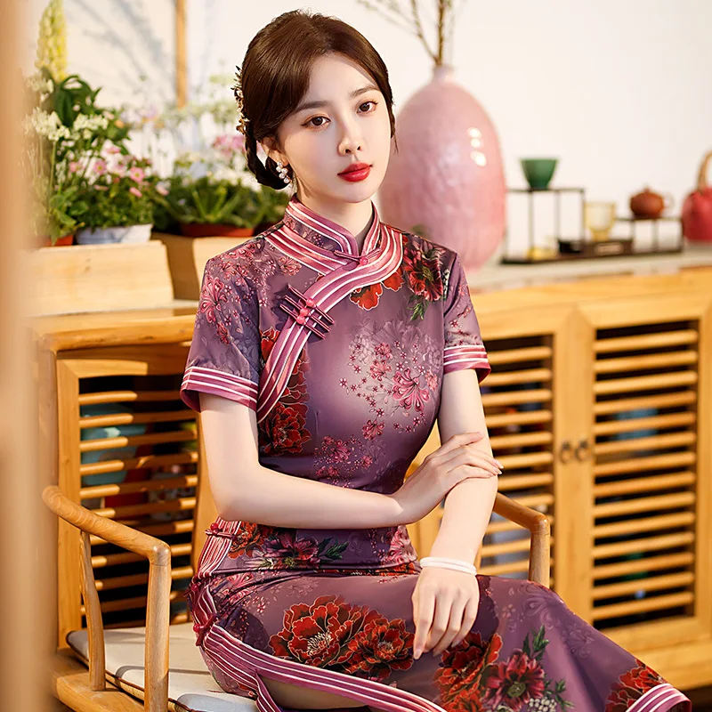 Yourqipao Лятото Лилава Ципао с модерен принтом в ретро стил Вечерна рокля в китайски стил за жени . ' - ' . 1