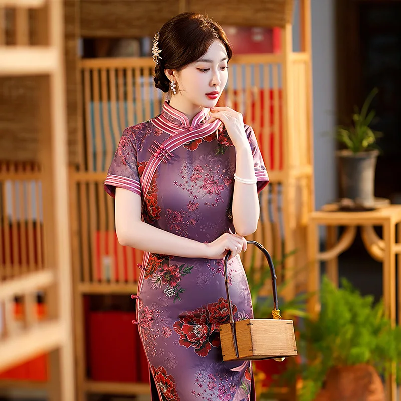 Yourqipao Лятото Лилава Ципао с модерен принтом в ретро стил Вечерна рокля в китайски стил за жени . ' - ' . 2