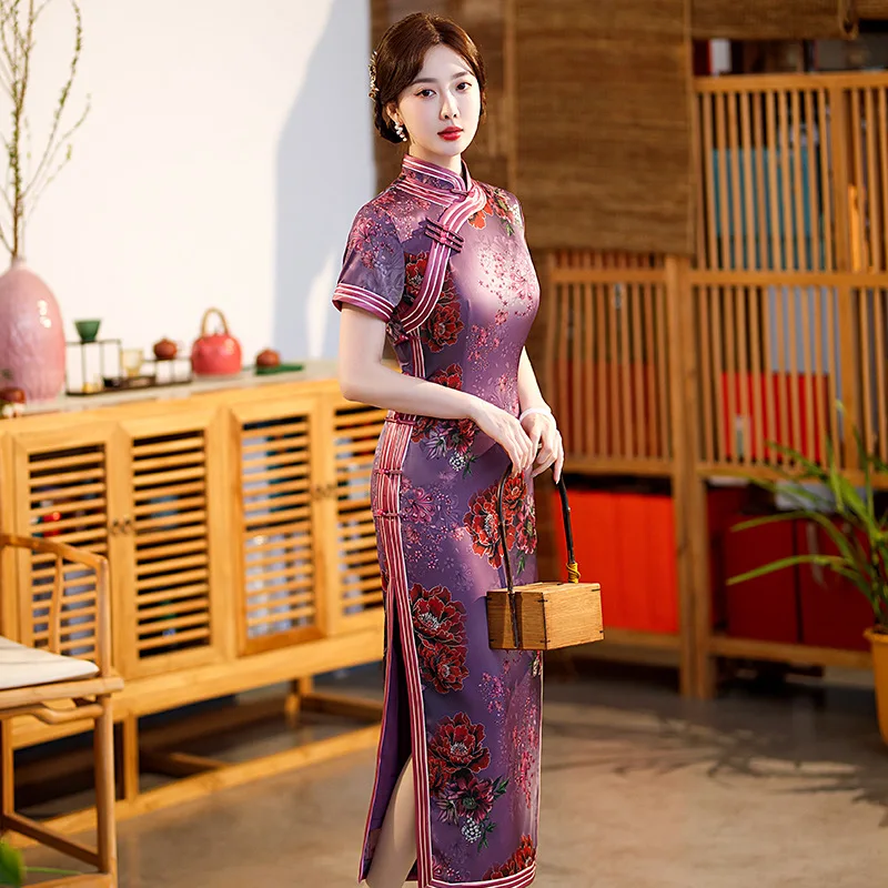 Yourqipao Лятото Лилава Ципао с модерен принтом в ретро стил Вечерна рокля в китайски стил за жени . ' - ' . 4