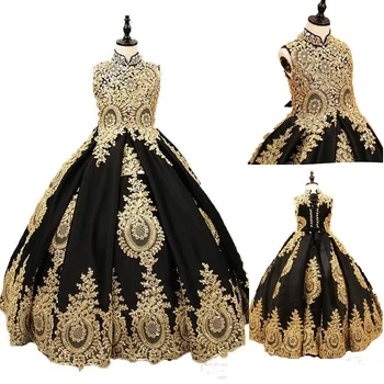 Черно-златно дантелено рокля на цветчета за момичетата с високо воротом и корсет отзад, Дизайнерско рокля за Първо причастие с кристали за момичета