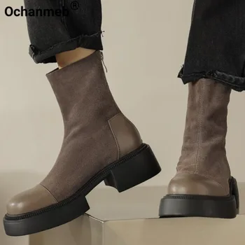 Ochanmeb/ Дамски обувки от естествена кожа в готически Стил На масивна блок Ток, Ботильоны от волска кожа, Велур на Платформа и Мълния, Дамски Обувки за Есен-Зима