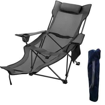 Сгъваем походный стол с Товароподемност 330 килограма, с мрежесто шезлонг за краката, подстаканником и чанта за съхранение, сиво