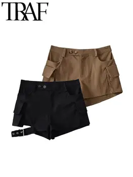 ТРАФИКА на Y2K, Черни дамски къси панталони-карго с висока талия, джобове, Выдалбливают колан с катарама, с Извънредно Къси Дамски панталони 2023 Лято