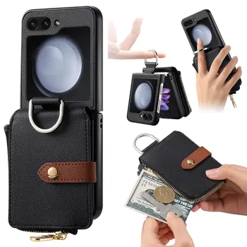 Луксозен калъф за телефон от изкуствена кожа с пръстен Samsung Galaxy Flip 5 Flip5 5G, държач за портфейла, Поставка, Противоударная капак за предотвратяване на падане