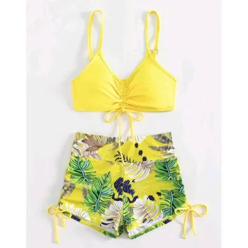 Жълти двойни бански костюми, комплект Танкини, Дамски бански костюми, Спортни плажни дрехи за плуване, бански костюм от две части, Дамски бански за басейна