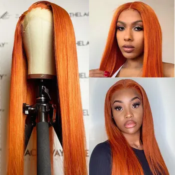 Светло оранжево Права Перука, изработени от синтетична коса за дантели, Висококачествено Термостойкое влакна, Предварително Выщипанный По линията на косата, среден раздяла