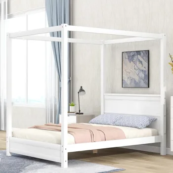Легло-платформа с балдахин от дърво EUROCO в реален размер с таблата (Пълен + Бяла/Full + Натурална/Queen + Натурална/Queen + Бял) по избор