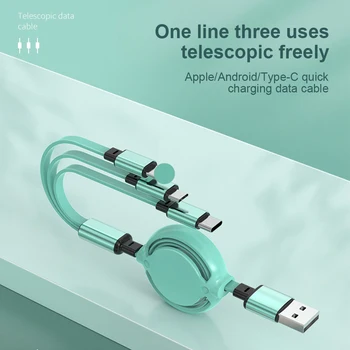KISSCASE Macaron 3 В 1 Телескопична кабел за предаване на данни Един на трима души За iPhone 14 13 Android Type-C Течен кабел за зареждане на мобилен телефон