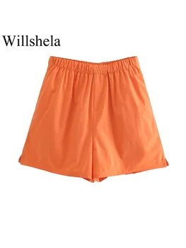 Willshela/ Дамски Модни памучни Оранжеви обикновена мини-шорти, Реколта дамски къси панталони с висока еластична талия, Шикозни Дамски къси панталони