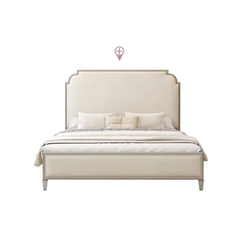 Френска светла луксозно легло от масивно дърво, модерна и лесна спалня, двойно легло King, нова висококачествена сватбена легло с мека тапицерия