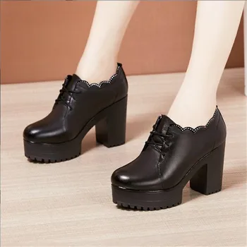 По-големи размери 32-43, Дамски обувки с дълбоко деколте на блок ток, есенни обувки-лодка на платформа, Дамски обувки на висок ток, Дамски черна Офис обувки