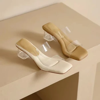 Дамски чехли, Летни новости 2023, Модни Прозрачна Ежедневни обувки с отворени пръсти, Удобни Дамски Дизайнерски Вечерни обувки на масивна ток