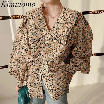 Kimutomo Реколта Свободна риза с флорална принтом, Дамски Елегантен куклен яката, Ръкавите фенер, Единична гърдите, Лесна универсална блуза, Новост Ins