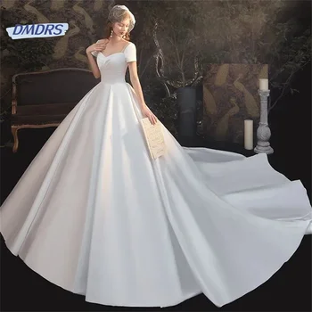 Романтична сватбена рокля с дължина до пода с деколте сърце, просто сватбена рокля трапецовидна форма, с къс ръкав, елегантна Vestidos De Новия