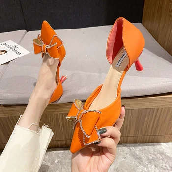 2023 Crystal лук на тънки токчета женски помпи Секси остър нос Orsay високи токчета на обувки жена приплъзване на блестящи кристали бални обувки