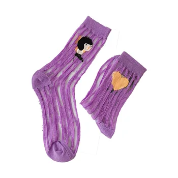 Японски чорапи Harajuku Ab, пролет-лято нови тънки копринени чорапи с бродерия прекрасни анимационни герои, асиметрични прозрачни чорапи