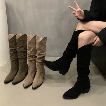 Каубойски ботуши в западен стил за жени обувки с остри пръсти, Брандираната замшевая обувки на висок дебел ток, удобни дамски обувки за ходене