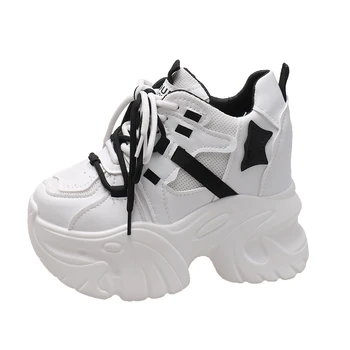 Дамски обувки на платформа с височина 10,5 см, Есенна Ежедневни обувки на дебела подметка за татко, Дамски Кожени спортни обувки за ходене Zapatos Mujer