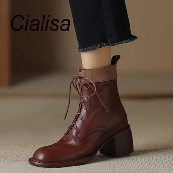 Cialisa, Модерен дизайнерски дамски Полусапожки, Есенно-зимни обувки, ръчно изработени, Ботильоны от естествена кожа на висок ток с шнур, 40