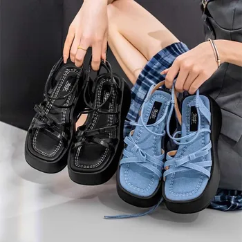 2023 Нови дамски сандали с дебела подметка, 2023 Лятна плажна обувки за почивка, елегантни дамски модни плажни джапанки дантела