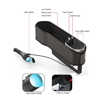 Органайзер за запълване на пространство, автомобилни седалки с подстаканником, Органайзер за предните седалките с 2 USB-порта, страничен джоб за конзоли (2 опаковки)