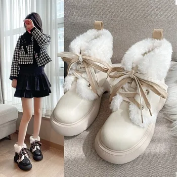Новост 2023 г.; дамски обувки; Зимни къси плюшени бели обувки на платформа-обувки в стил Лолита 