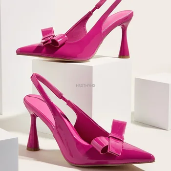 Дамски обувки на висок ток, Лятна новост 2023, Розово-червени Прозрачни Сандали с лък, украсен с прозрачна Интериор, обувки-лодка на висок ток