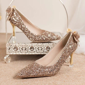 Дионте луксозни златни сребърни пайети помпи жените 2023 есен токчета сватба обувки жена с остър нос, тънки токчета