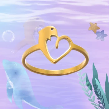 Пръстени с делфин от неръждаема стомана за жени, сърцето златен цвят, чифт Модни пръстени, добър символ на бижута, Безплатна доставка