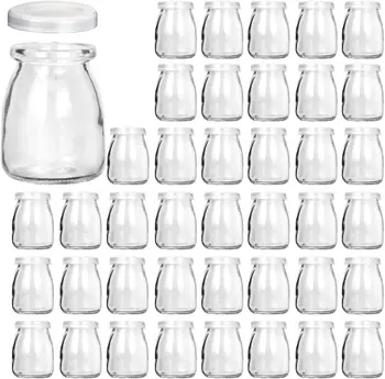 прозрачни стъклени буркани на 4 унции с полиетиленова капачка, Стъклен съд за кисело мляко, Стъклени Буркани за пудинг, Буркани за кисело мляко, за Мляко, Конфитюри, Желета, Муса, Мед