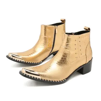 Тенденцията ежедневни мъжки обувки, със златен модел от змийска кожа, Ботильоны от естествена кожа на висок ток, с метално бомбе, мъжки модни вечерни обувки Челси