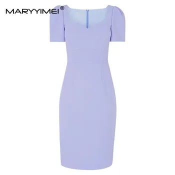 MARYYIMEI, Модерно Дизайнерско Лятото женствена рокля с Квадратна яка и буйни ръкав, Тънка Елегантна Рокля-молив