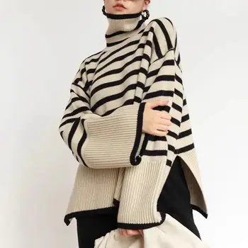 Жена нишевый пуловер-пуловер с черепашьим деколте в ивицата 2023 design sense.