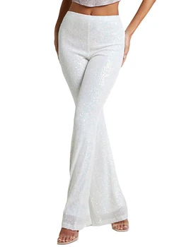 Дамски панталон в стил ретро Y2k с пайети и висока талия, Пролетно-Есенни Тесни Разкроена панталон с еластична гумена лента, разкроена панталони