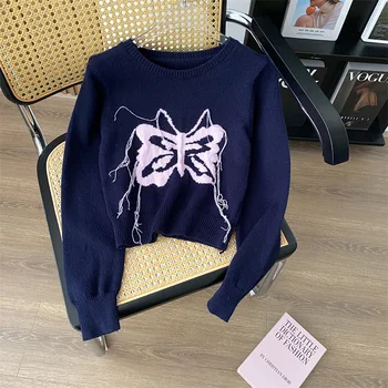 Y2K, Дизайнерски пуловер с пеперуди и пискюли, Дамски пуловер с кръгло деколте и дълъг ръкав, корейски модерен пуловер, жилетка 2023, Новост