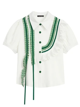 Летни дамски френски реколта ризи с къс ръкав, бели однобортные блузи с рюшами топ с ревери, Естетичен Нов дизайн Mori Момиче