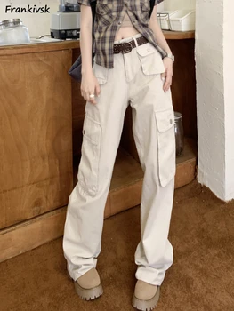Панталони-карго, Дамски панталони с висока талия и джобове, ретро-панталони в японски стил, Свободна градинска дрехи, Модни однотонная дрехи, пълна дължина, универсален, готическата