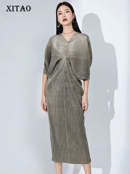 XITAO Плиссированное рокля неправилни форми, Женско, Корея, Лято 2023, Ново записване, Индивидуално Модно Свободно рокля с V-образно деколте и ръкав 
