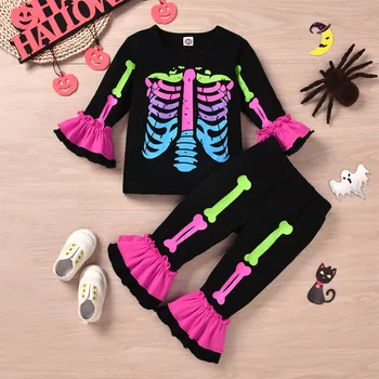 Костюми за Хелоуин За деца, дрехи за момичета и момчета, блузи с дълги ръкави и принтом скелета, Комплект за панталони, Съоръжения