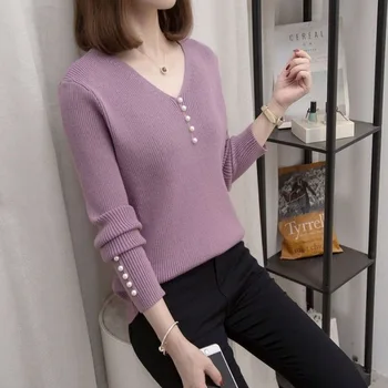 Есенно-зимния Женски пуловер с V-образно деколте, перлени копчета, пуловер с дълъг ръкав, възли Корейски модни Тънки блузи, однотонная тениска