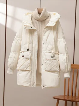 Дамско Елегантно яке в бяло утином топола с качулка с цип, топла Зимна Мода на Горно облекло, Свободно ежедневното палто на дебелите топола Голям размер A193