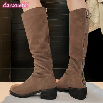danxuefei/дамски есенни ботуши до коляното от естествен велур с цип отзад на дебелите ток 5,5 см, плисе ежедневни дълги ботуши, дамски обувки
