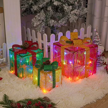 3 бр./компл. Коледна декорация, Подарък кутия, Украси за Коледната елха, Светещи Художествен Домашен Коледен декор на открито С led подсветка