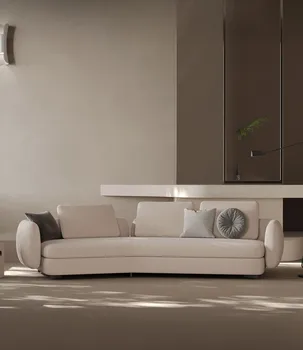 Италиански ъглов диван, изчистен текстилен диван, хол, разтегателен диван в формата на големия и малкия блок, кремаво стил, италиански стил