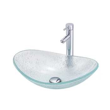 Мивка от закалено стъкло, Изчистен Творчески художествен Мивка, Прозрачен Кристален Плот, Овална мивка за баня с дренажна тръба